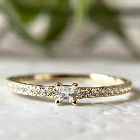 Dainty 14k Gold Plated Ring Minimalist Simple CZ Ring 925 Sterling Silver - Picture 2 of 5